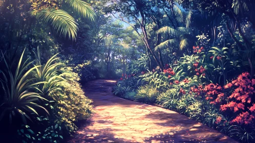 Sunlit garden pathway bordered by dense tropical foliage.