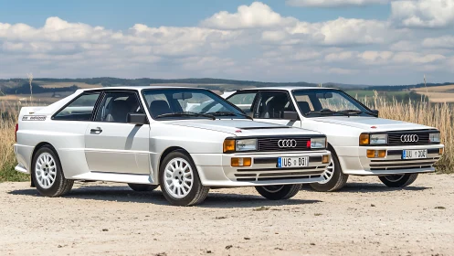 Classic white Audi Quattro coupes on rural gravel road