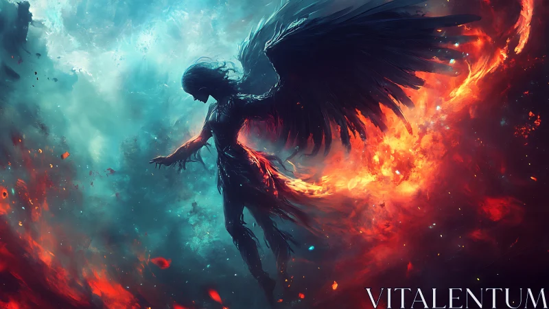 Fallen winged figure drifting between fire and starlit sky.
