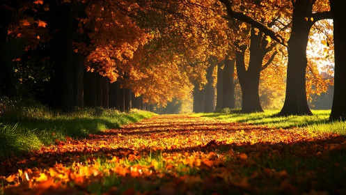 Tree lined path covered in sunlit autumn leaves.