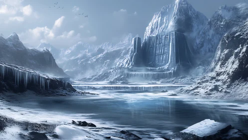 Frozen fortress rising over glacial mountain lake.