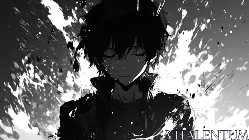 Brooding anime boy endures a storm of splashing monochrome light