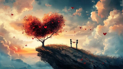 Two Silhouettes Hold Hands Beneath Luminous Heart-Shaped Tree