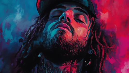 Neon dreamer in electric blue and crimson calm.