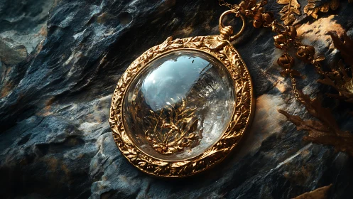 Gilded crystal pendant rests on textured slate rock surface