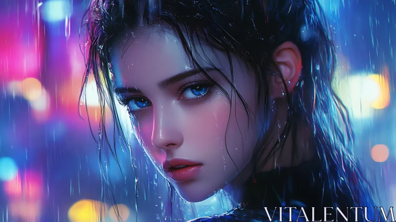 Gaze in the neon rain captures quiet strength and longing