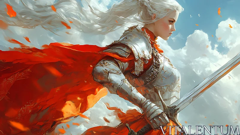 Silver-haired knight in ornate plate armor with scarlet cloak