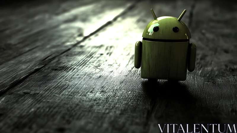 Lonely android mascot under dramatic spotlight on wood.