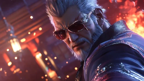 Silver‑haired brawler in ember-lit cyber shades stares down.