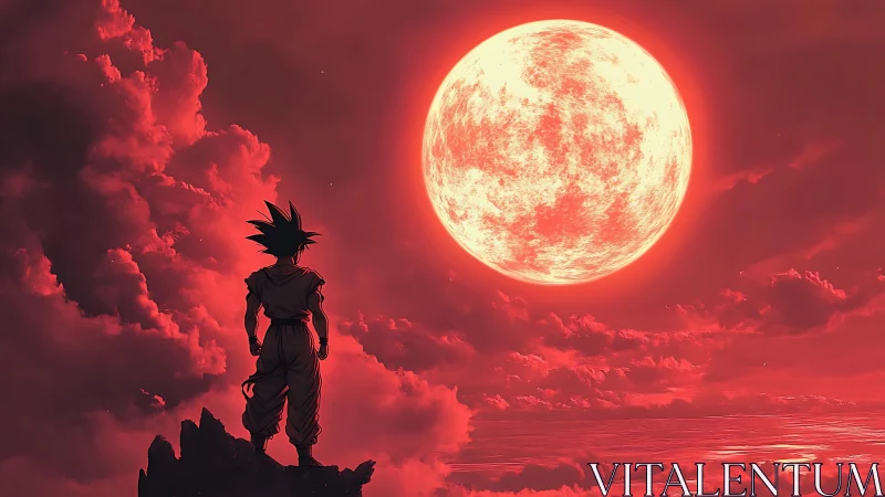 Warrior silhouette gazes toward a colossal crimson moon.
