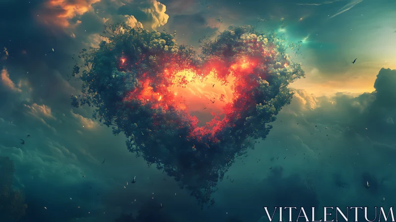 Floating Island Engulfed in Cosmic Fire and Light.