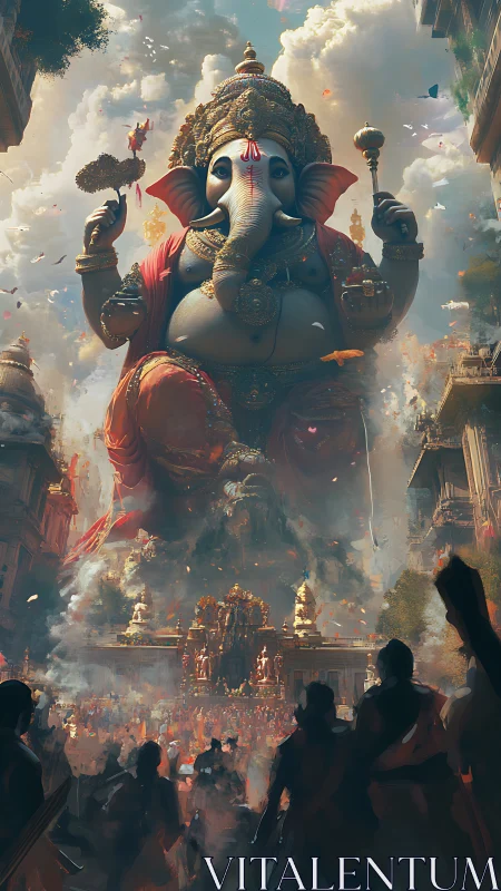 Skystride Ganesha over festival-swirled temple streets.