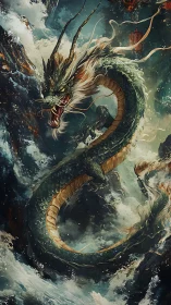 Dynamic fantasy seadragon in storm-tossed vertical composition.
