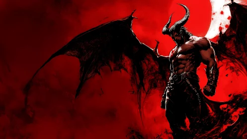 Horned demon warrior broods beneath a blood red moon