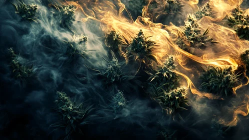 Flaming forest of emerald buds in swirling mystic smoke.