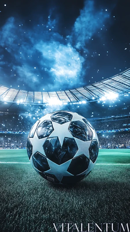 Night stadium glows as a starry soccer ball awaits kickoff