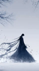 Midnight wanderer trails ink and snow through quiet sky