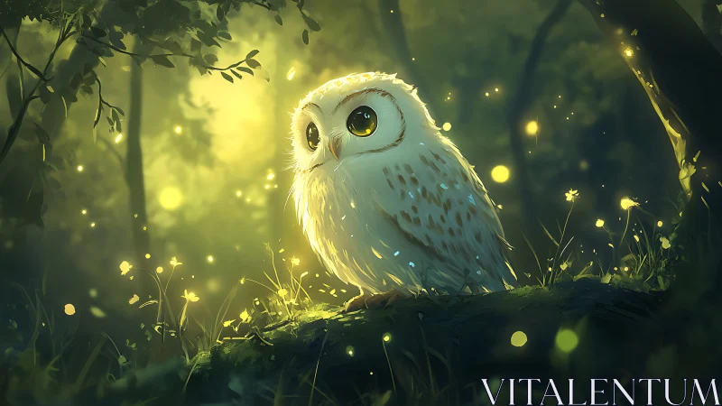 Whimsical baby owl in glowing forest, digital fantasy art style.
