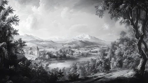 Monochrome alpine valley with village, river and mountains.