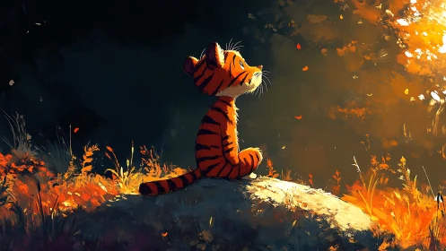 Sunlit tiger cub dreaming quietly on an autumn hillside.