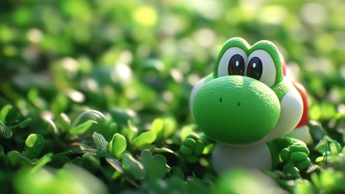 Green cartoon dinosaur figure among small green leaves.