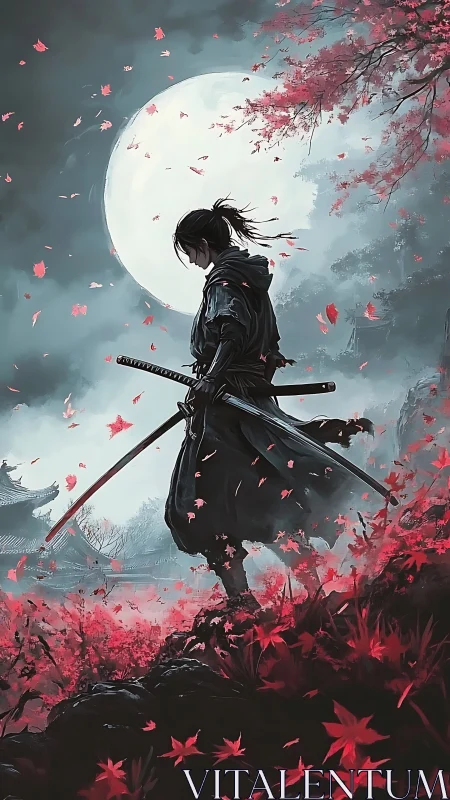 Moonlit ronin listens while crimson leaves rehearse war stories