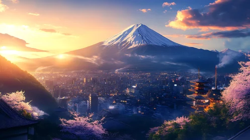 Sunrise over sakura cities beneath a snow crowned Fuji.