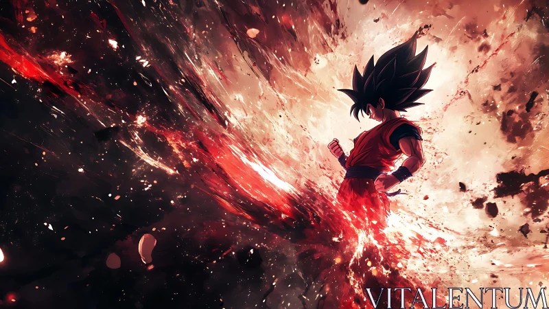 Silhouetted spiky haired fighter amid red energy burst.
