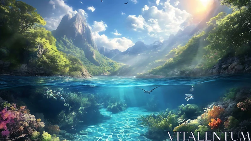 Sunlit tropical cove merges mountains, sea and coral life.