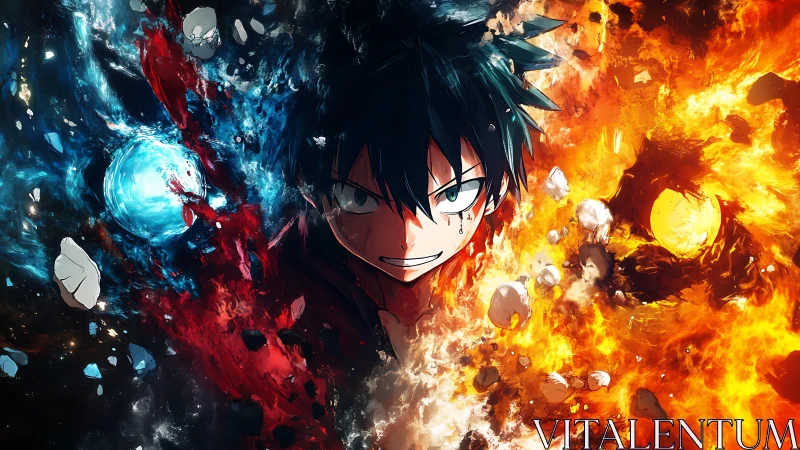 Anime hero amid blue ice and orange fire energies.