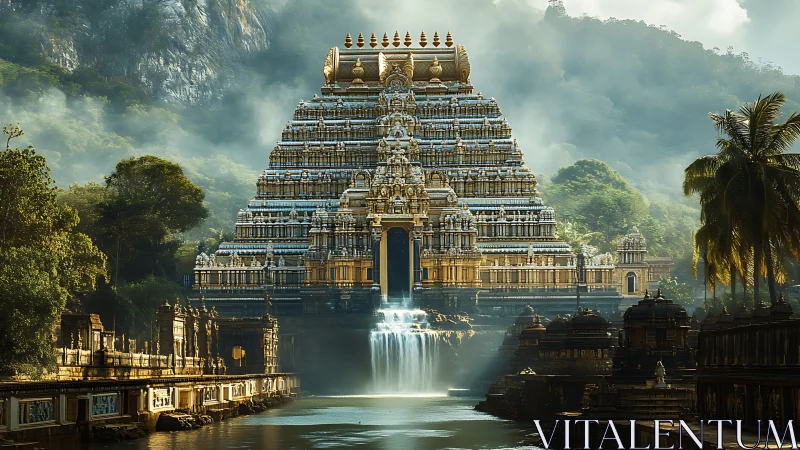 Tiered temple complex over waterfall in misty valley.