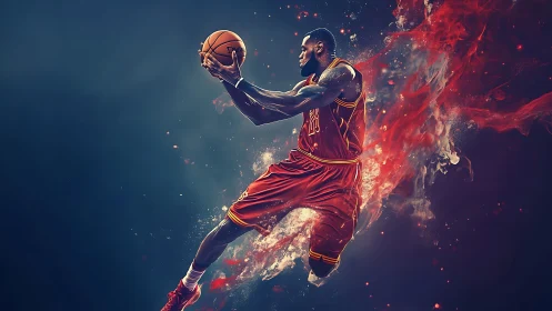 Digital painting of dynamic basketball drive with energy trails.