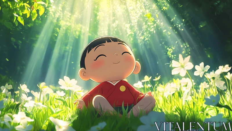 Child in sunlit forest meadow with stylized anime rendering.