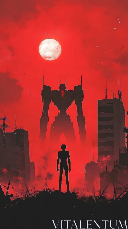 Lone wanderer facing a towering mech under a red moon.
