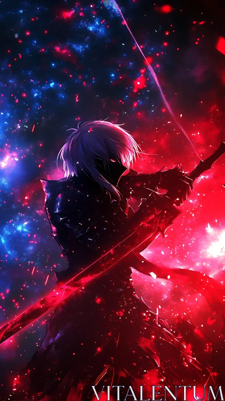 Dark swordsman silhouette in red and blue cosmic storm.