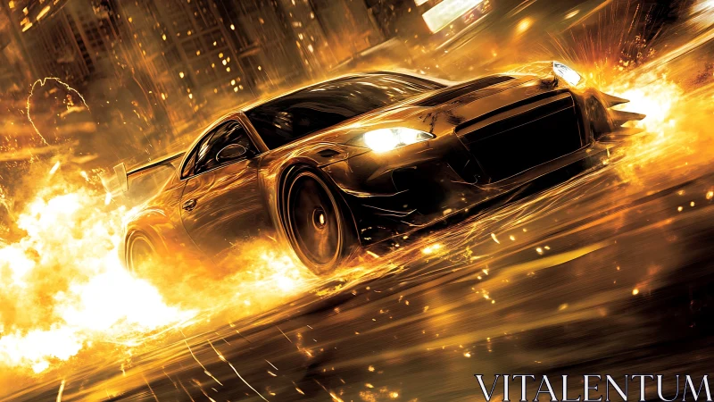 Sports car in dynamic urban motion with intense light streaks.