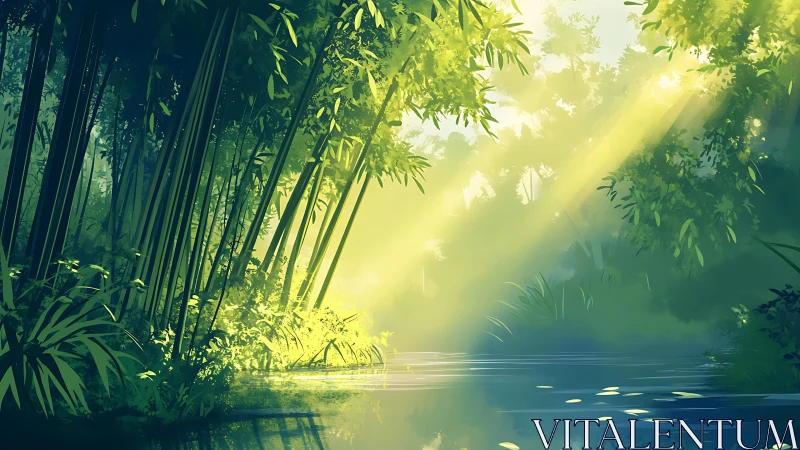 Morning sunlight pours gently over a tranquil bamboo river