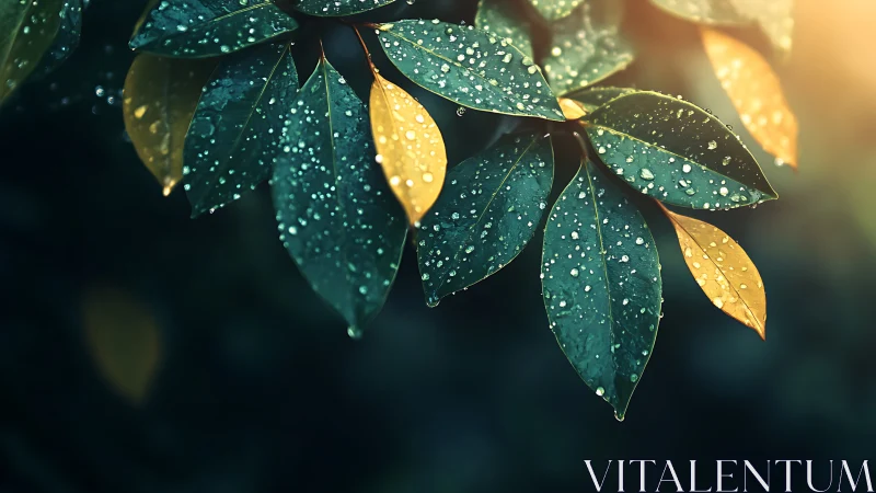 Raindrop-kissed green leaves glowing in soft morning light.