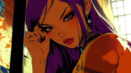 Violet haired rebel girl in neon edged urban light.