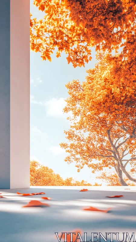 Open architectural frame reveals orange foliage outside