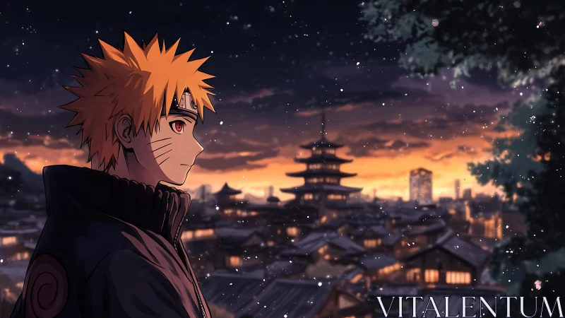 Anime shinobi profile over nocturnal pagoda skyline panorama.
