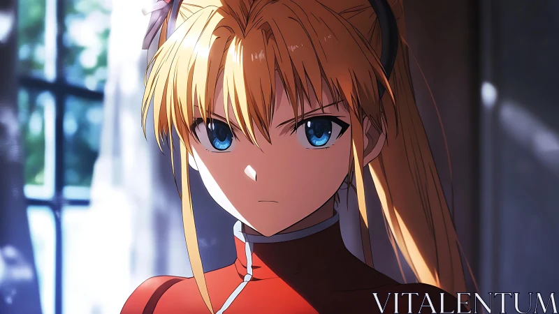 Focused anime swordswoman in raking interior window light.