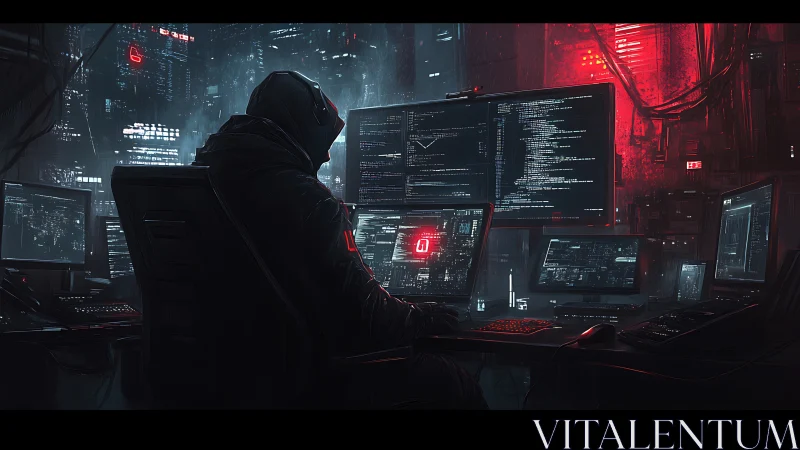Hooded computer operator in dark cyber control workstation.