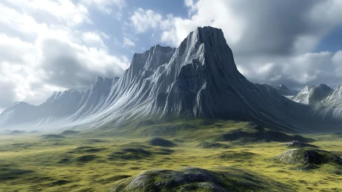 Majestic stone peak rising gently above a quiet green valley.