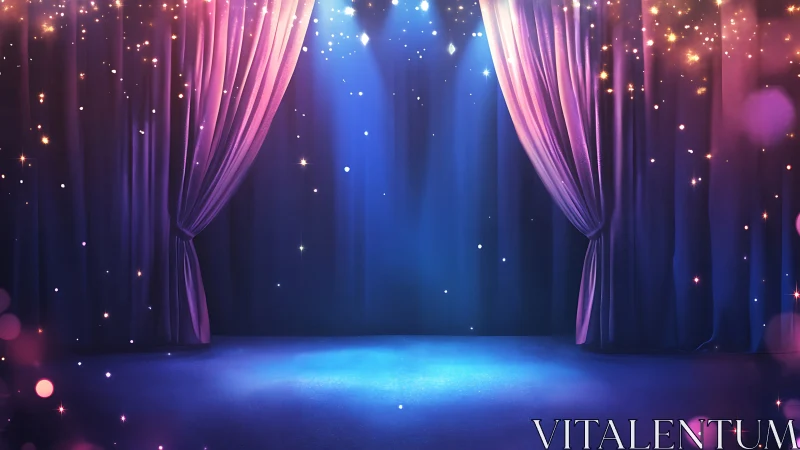 Stage with curtains and spotlights under particle lighting.