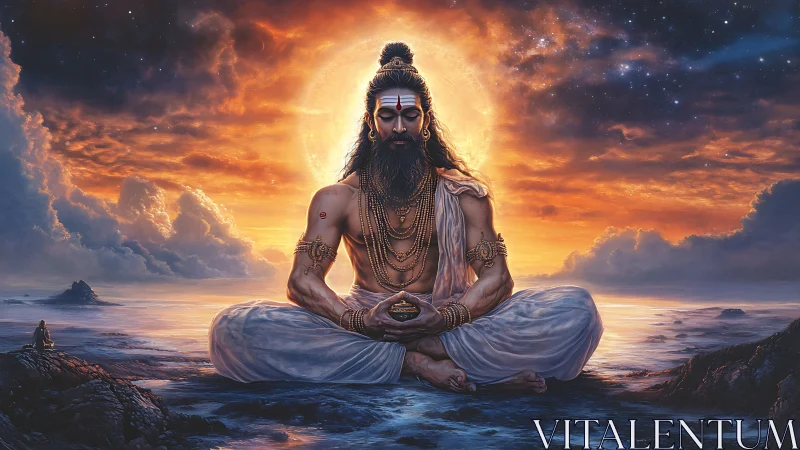 Meditating ascetic figure before luminous ocean horizon.