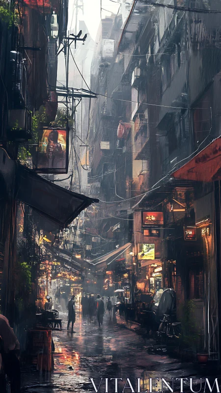 Rain-soaked cyberpunk alley glows with neon reflections