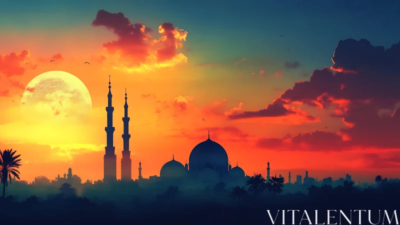 Mosque silhouette beneath large sun at vivid sunset sky.