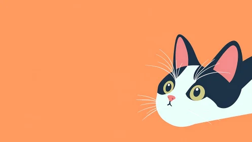 Black and white cat with pink ears gazes at viewer against orange background.