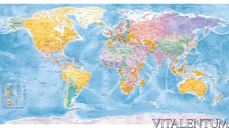 Political world map with pastel relief oceans and borders.